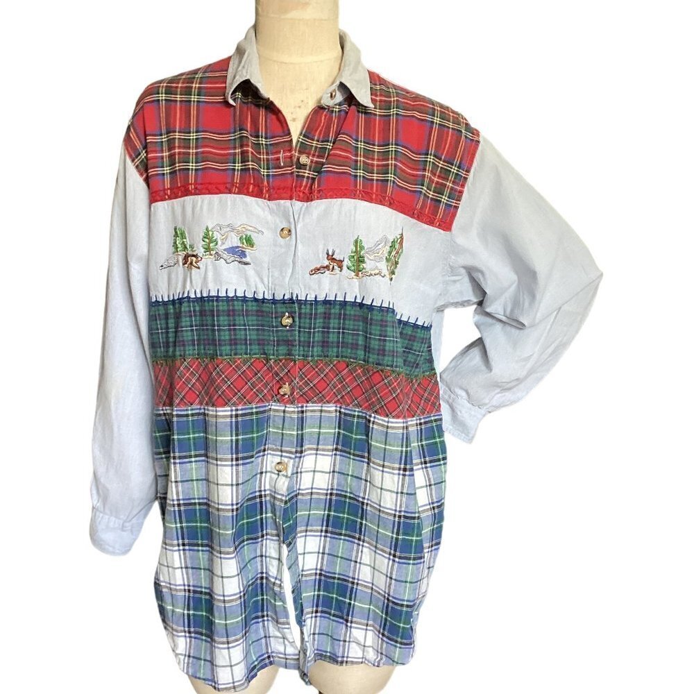 VTG Victoria Jones Woman 40/20W Plaid/Chambray Button Up Embroidered‎ Top 163E